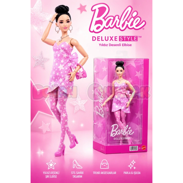 Barbie DELUXE STYLE - Yıldız Desenli Elbiseli Bebek JJN71 - Barbie Oyuncak Barbie Yoga Bebek