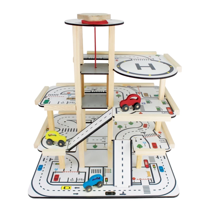 Ahşap Asansörlü Otopark - Üç Katlı Garaj Seti - Hotwheels Garaj Seti - Otopak Seti - Eğimli Garaj