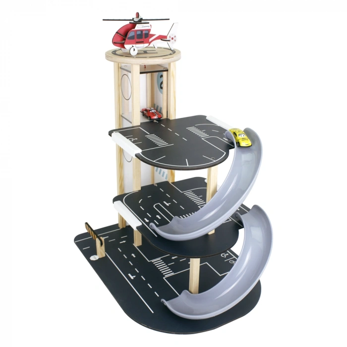 Ahşap Asansörlü Otopark - Üç Katlı Garaj Seti - Hotwheels Garaj Seti - Otopak Seti - Kaydıraklı Garaj