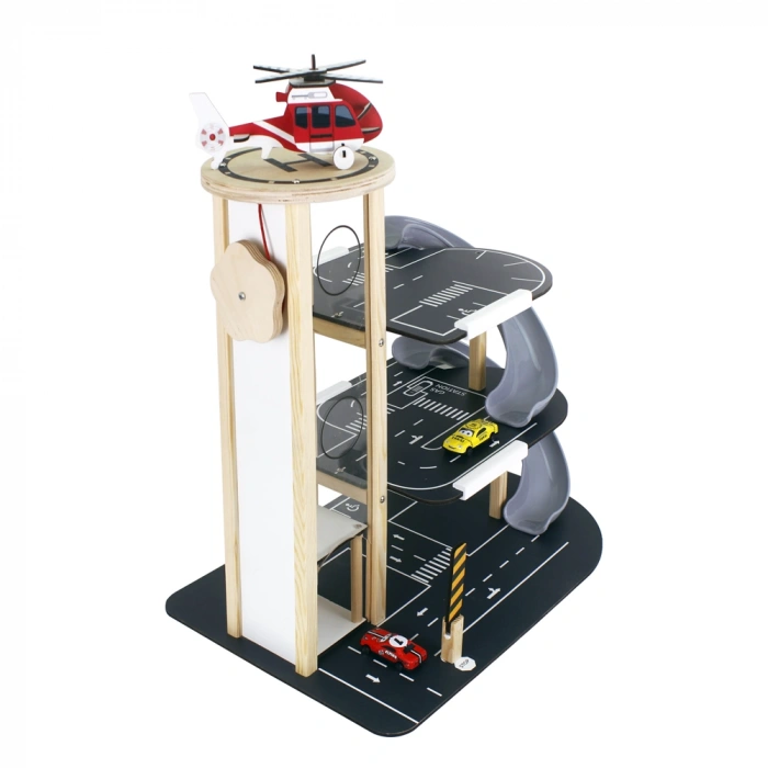 Ahşap Asansörlü Otopark - Üç Katlı Garaj Seti - Hotwheels Garaj Seti - Otopak Seti - Kaydıraklı Garaj