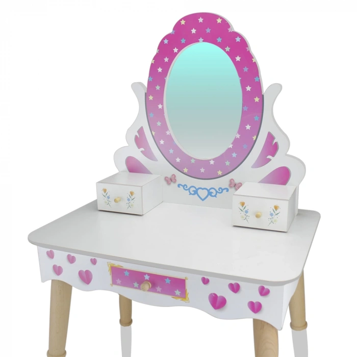 Ahşap Oturaklı Güzellik Masası - Makyaj Seti - Ahşap Güzellik Seti - Makyaj Masası
