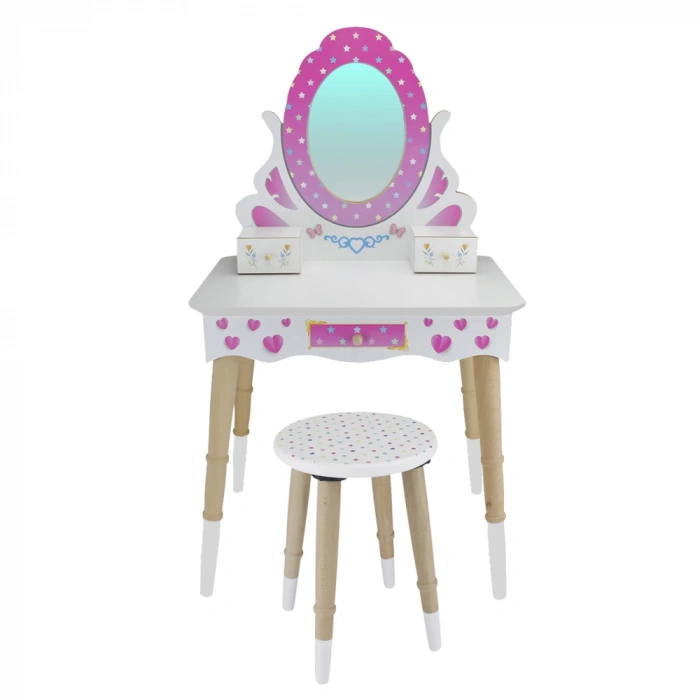 Ahşap Oturaklı Güzellik Masası - Makyaj Seti - Ahşap Güzellik Seti - Makyaj Masası