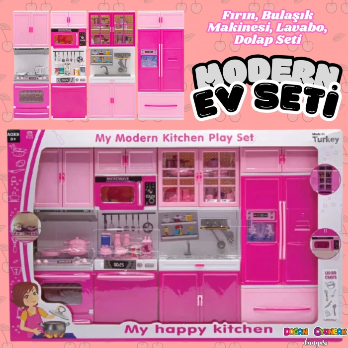 Anlily Dörtlü Mutfak Seti - Barbie Modern Mutfak Seti - Işıklı Sesli Mutfak Oyuncak - Fırın, Buzdolabı, Bulaşık, Lavabo