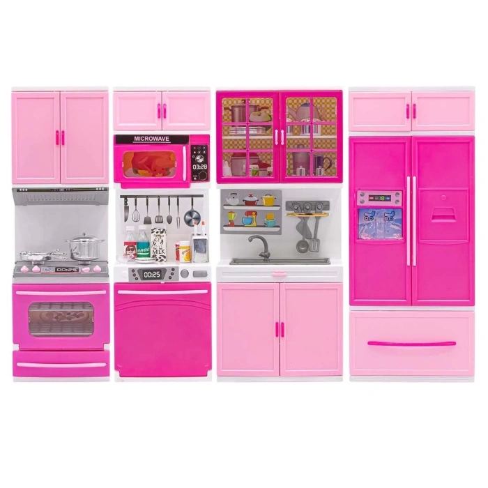 Anlily Dörtlü Mutfak Seti - Barbie Modern Mutfak Seti - Işıklı Sesli Mutfak Oyuncak - Fırın, Buzdolabı, Bulaşık, Lavabo