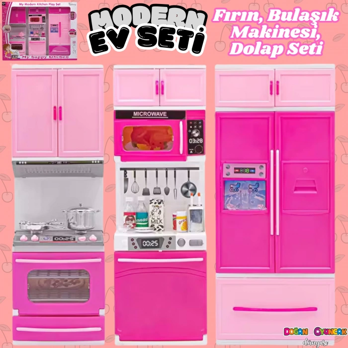 Anlily Üçlü Mutfak Seti - Barbie Modern Mutfak Seti - Işıklı Sesli Mutfak Oyuncak - Fırın, Buzdolabı, Bulaşık