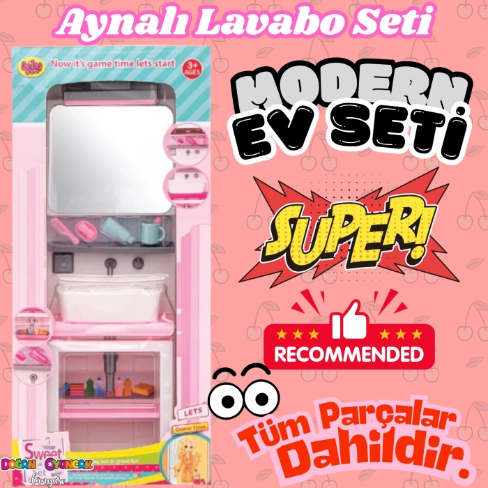 Aynalı Lavabo Banyo Seti - Modern Banyo Seti - Minyatür Ev Oyuncak Seti - Banyo Oyuncak Seti - Aynalı Lavabo Oyuncak