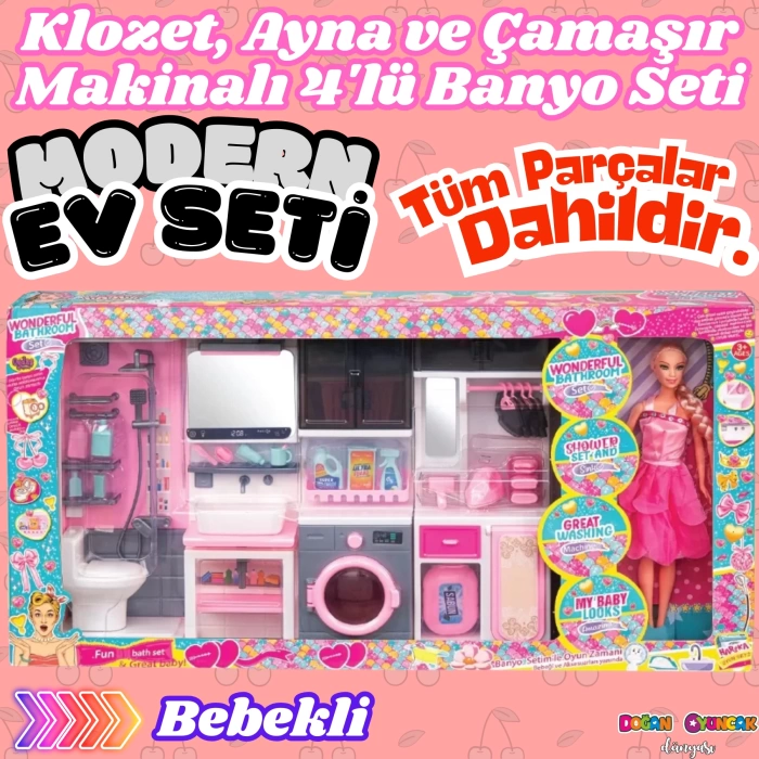 Bebekli Oyuncak Dörtlü Modern Banyo Seti - Modern Banyo Seti - Banyo Oyuncak Seti - Klozet, Tuvalet, Aynalı Lavabo, Ütü, Çamaşır Makinesi Oyuncak