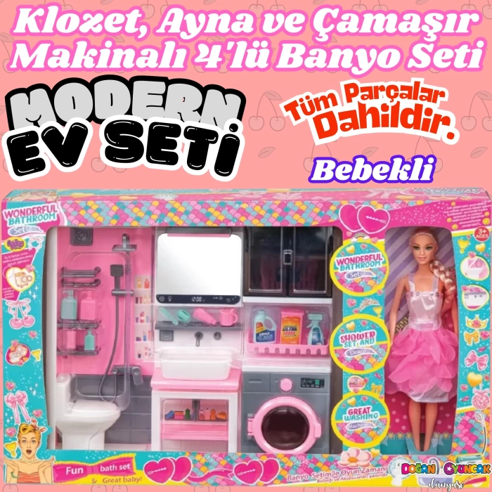 Bebekli Oyuncak Üçlü Modern Banyo Seti - Modern Banyo Seti - Banyo Oyuncak Seti - Klozet, Tuvalet, Aynalı Lavabo, Çamaşır Makinesi Oyuncak