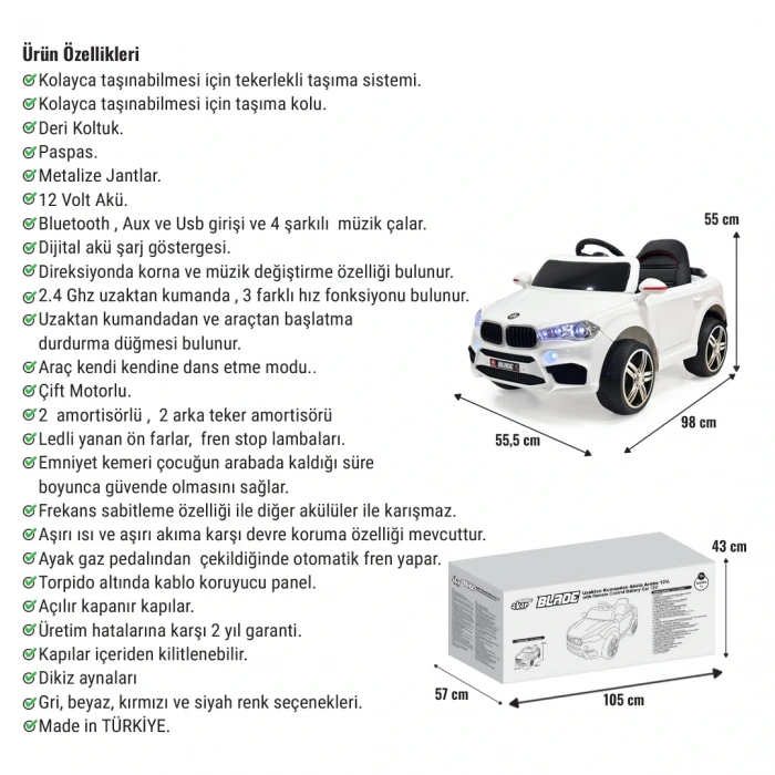 Blade GT Beyaz Uzaktan Kumandalı 4X2 12 Volt Akülü Araba - RC BMW Akülü Araba