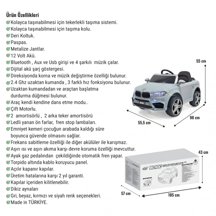 Blade GT Gri Uzaktan Kumandalı 4X2 12 Volt Akülü Araba - RC BMW Akülü Araba