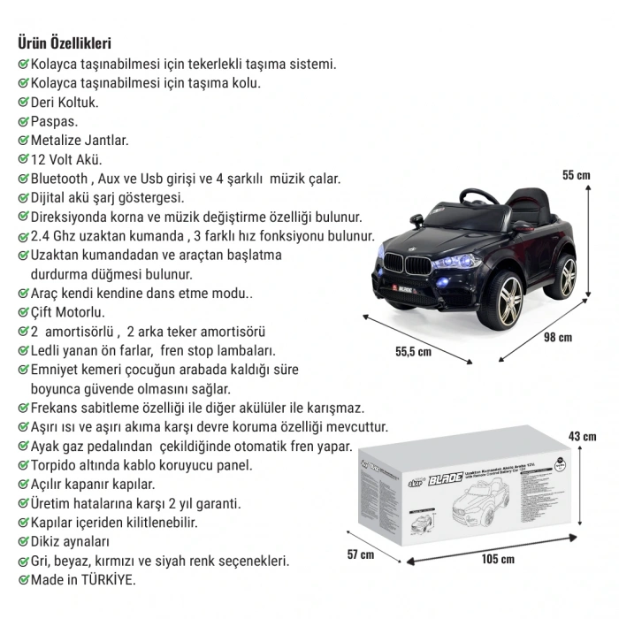 Blade GT Siyah Uzaktan Kumandalı 4X2 12 Volt Akülü Araba - RC BMW Akülü Araba