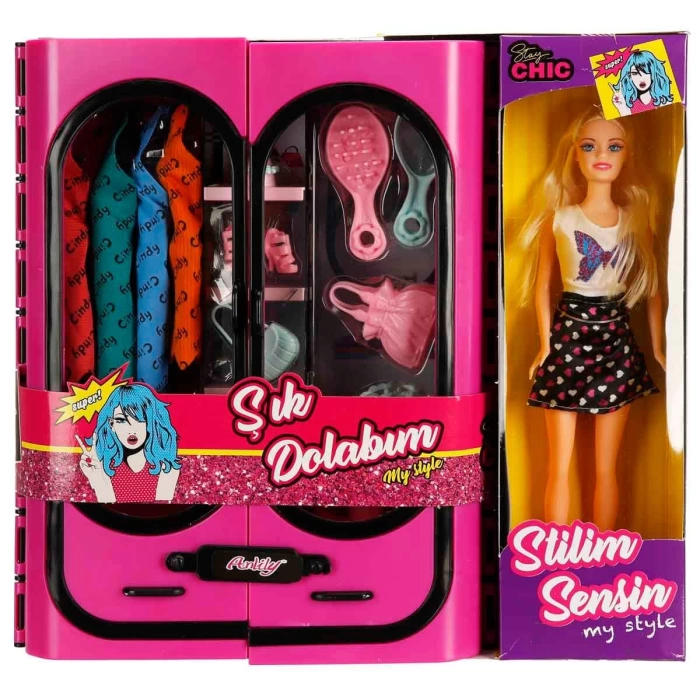 Cindy Doll Bebekli Aksesuarlı Gardırop Pembe - Barbie Dolap - Barbie Giysi Dolabı - Barbie Gardırop - Gardrop