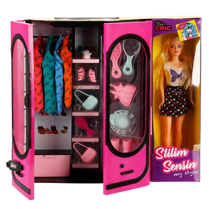 Cindy Doll Bebekli Aksesuarlı Gardırop Pembe - Barbie Dolap - Barbie Giysi Dolabı - Barbie Gardırop - Gardrop