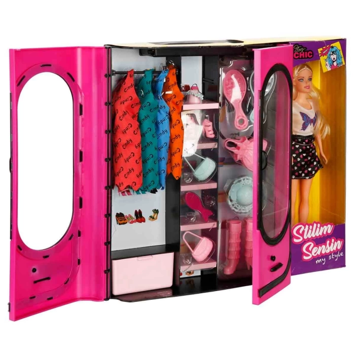 Cindy Doll Bebekli Aksesuarlı Gardırop Pembe - Barbie Dolap - Barbie Giysi Dolabı - Barbie Gardırop - Gardrop