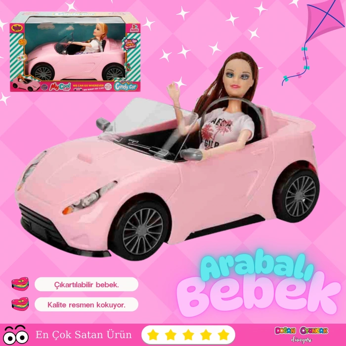 Cindy Doll Bebekli Arabası Pembe - Oyuncak Arabalı Bebek - Barbie Arabası - Bebekli Barbie Arabası - Oyuncak Araç