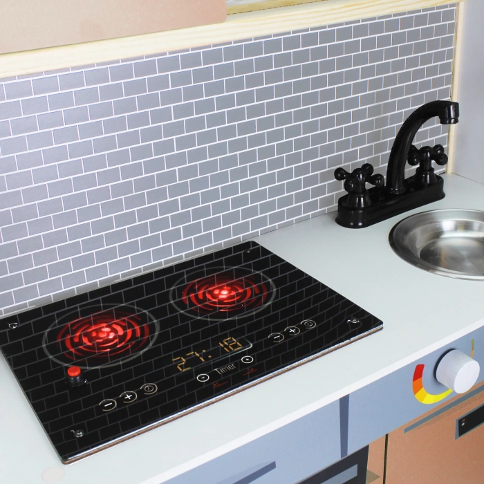 Delüx Işıklı Hamarat Ahşap Mutfak - Ahşap Çocuk Mutfağı - Mutfak Seti - Kapaklı Mutfak - Krem