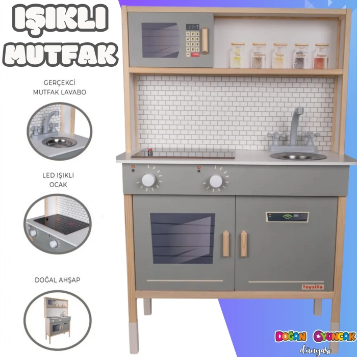 Delüx Işıklı Hamarat Ahşap Mutfak - Ahşap Çocuk Mutfağı - Mutfak Seti - Kapaklı Mutfak - Gri