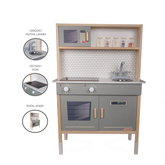 Delüx Işıklı Hamarat Ahşap Mutfak - Ahşap Çocuk Mutfağı - Mutfak Seti - Kapaklı Mutfak - Gri