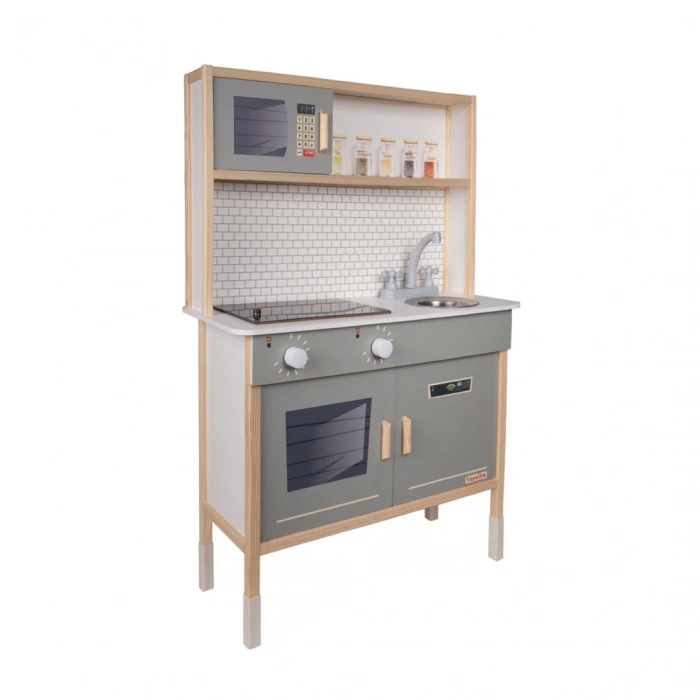 Delüx Işıklı Hamarat Ahşap Mutfak - Ahşap Çocuk Mutfağı - Mutfak Seti - Kapaklı Mutfak - Gri