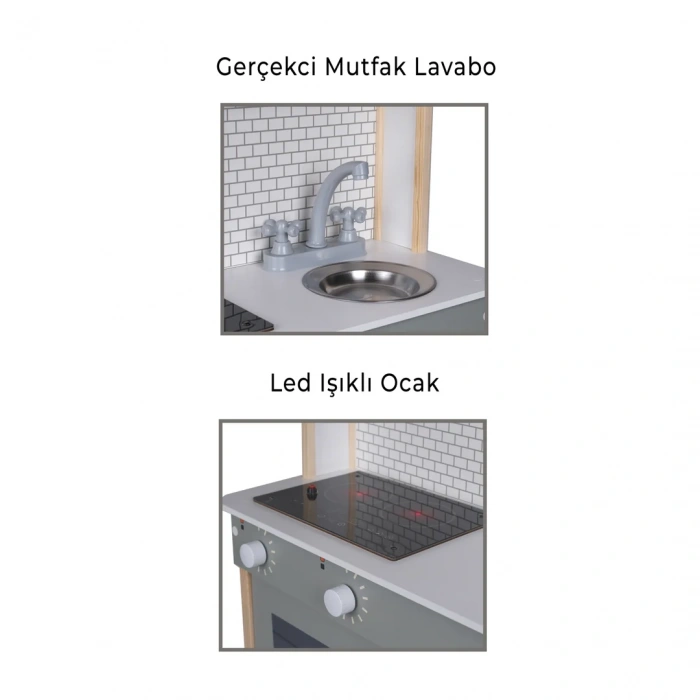 Delüx Işıklı Hamarat Ahşap Mutfak - Ahşap Çocuk Mutfağı - Mutfak Seti - Kapaklı Mutfak - Gri