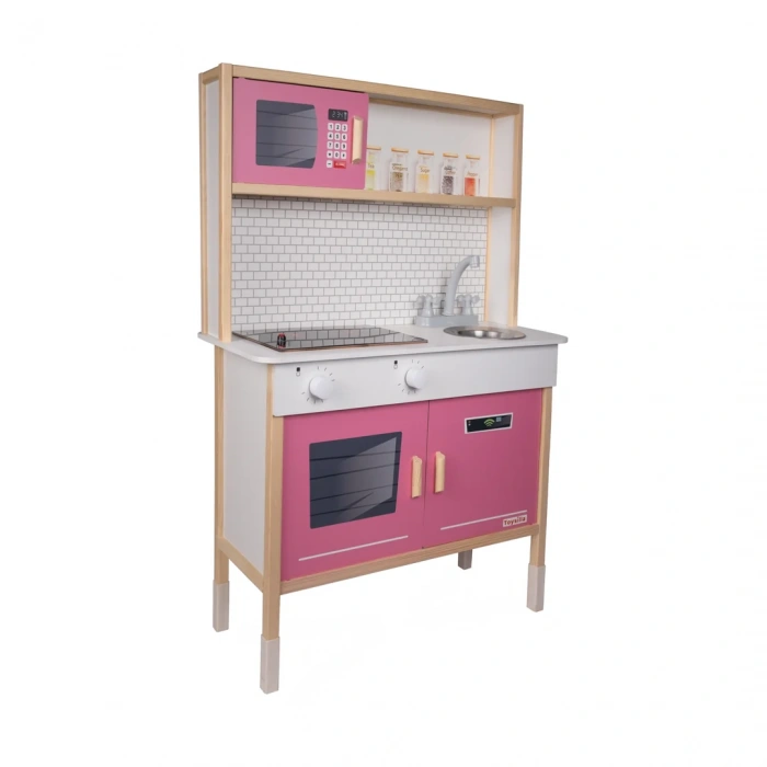 Delüx Işıklı Hamarat Ahşap Mutfak - Ahşap Çocuk Mutfağı - Mutfak Seti - Kapaklı Mutfak - Pembe