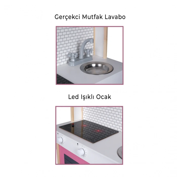 Delüx Işıklı Hamarat Ahşap Mutfak - Ahşap Çocuk Mutfağı - Mutfak Seti - Kapaklı Mutfak - Pembe