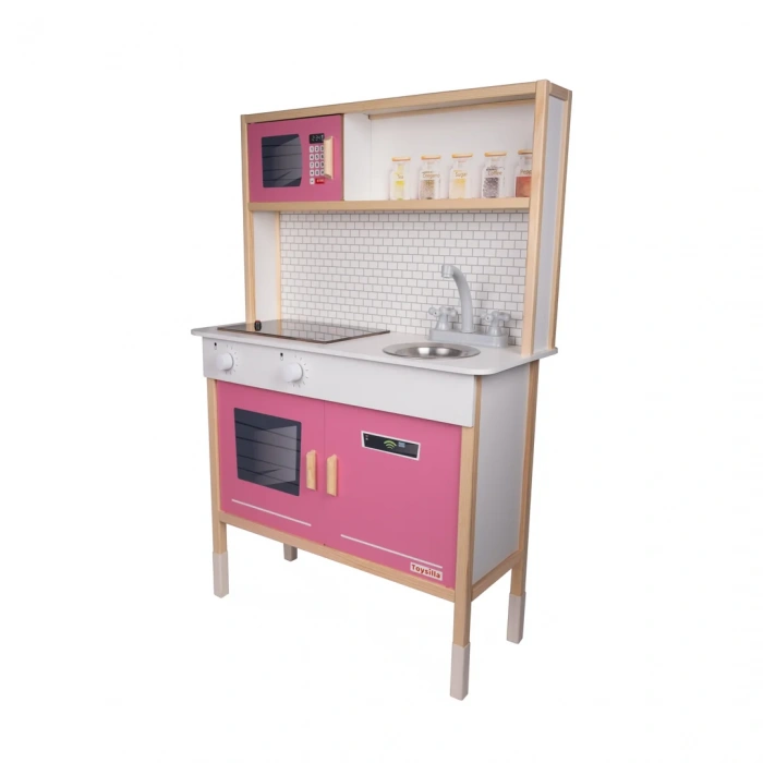 Delüx Işıklı Hamarat Ahşap Mutfak - Ahşap Çocuk Mutfağı - Mutfak Seti - Kapaklı Mutfak - Pembe