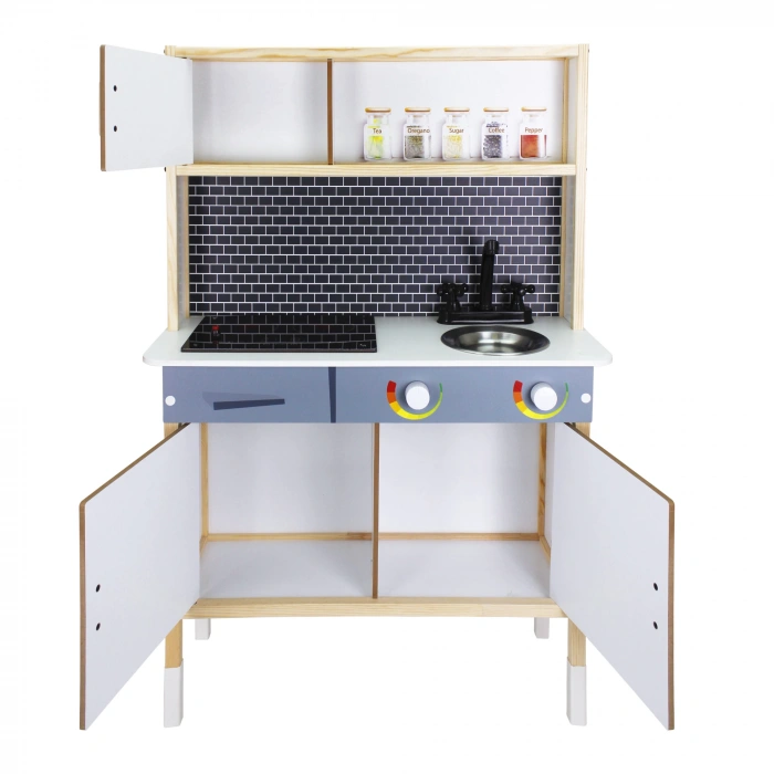 Delüx Işıklı Hamarat Ahşap Mutfak - Ahşap Çocuk Mutfağı - Mutfak Seti - Kapaklı Mutfak - Yeşil