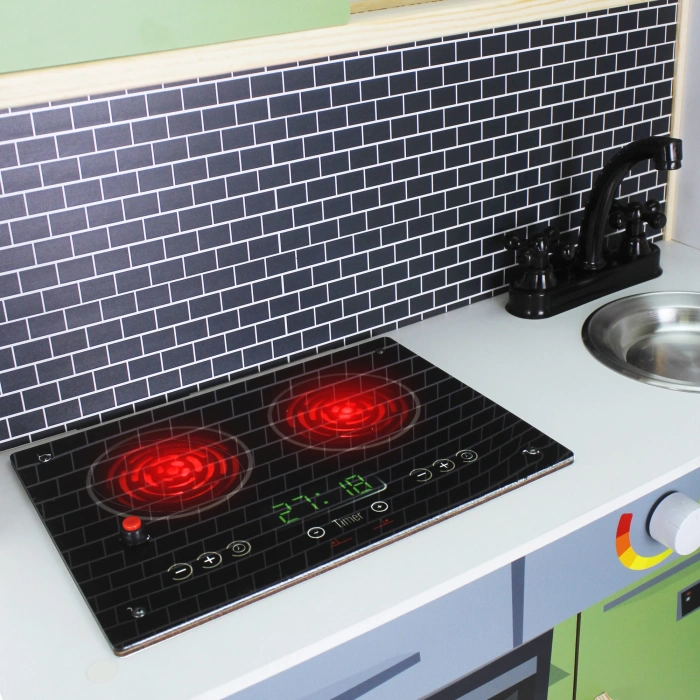 Delüx Işıklı Hamarat Ahşap Mutfak - Ahşap Çocuk Mutfağı - Mutfak Seti - Kapaklı Mutfak - Yeşil