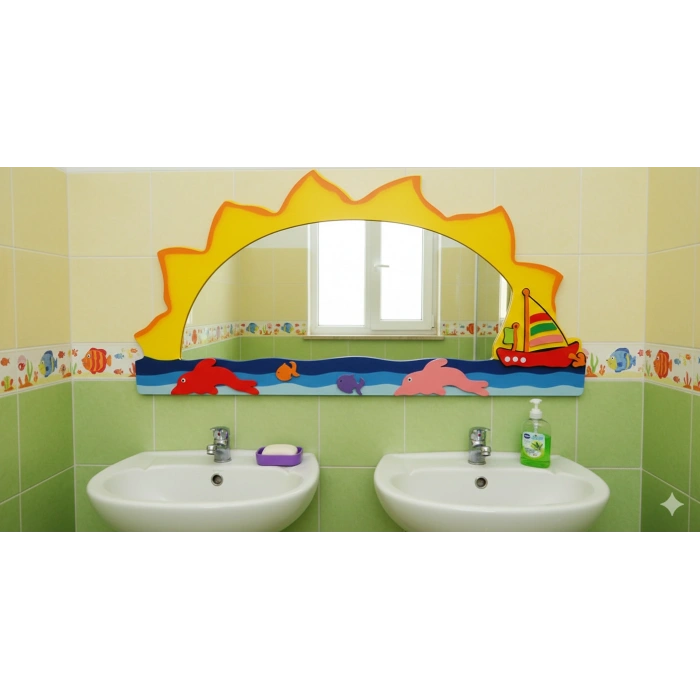Deniz Manzaralı Lavabo Aynası - Anaokulu Lavabo Aynası - Ahşap Ayna - Okul İçin Ayna