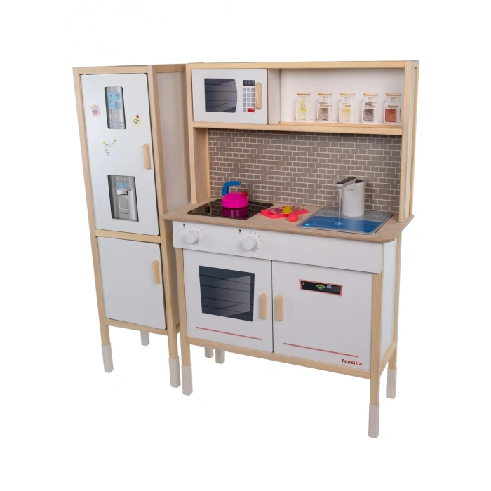 Dolaplı Musluktan Su Akan Işıklı Ahşap Mutfak - Ahşap Çocuk Mutfağı ve Buzdolabı - Ledli Mutfak Seti Buzdolaplı Su Akıtan Mutfak - Beyaz