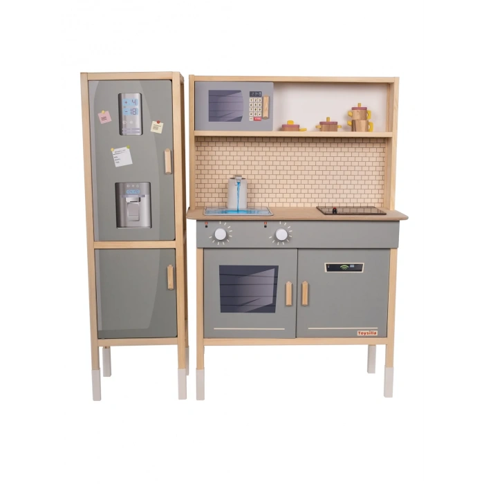 Dolaplı Musluktan Su Akan Işıklı Ahşap Mutfak - Ahşap Çocuk Mutfağı ve Buzdolabı - Ledli Mutfak Seti Buzdolaplı Su Akıtan Mutfak - Gri