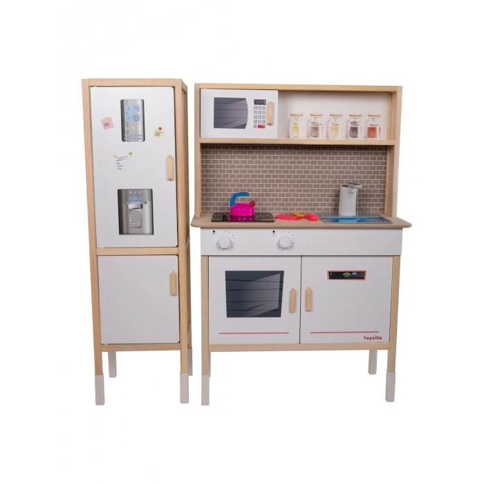 Dolaplı Musluktan Su Akan Işıklı Ahşap Mutfak - Ahşap Çocuk Mutfağı ve Buzdolabı - Ledli Mutfak Seti Buzdolaplı Su Akıtan Mutfak - Beyaz