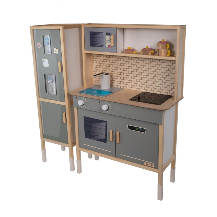 Dolaplı Musluktan Su Akan Işıklı Ahşap Mutfak - Ahşap Çocuk Mutfağı ve Buzdolabı - Ledli Mutfak Seti Buzdolaplı Su Akıtan Mutfak - Gri