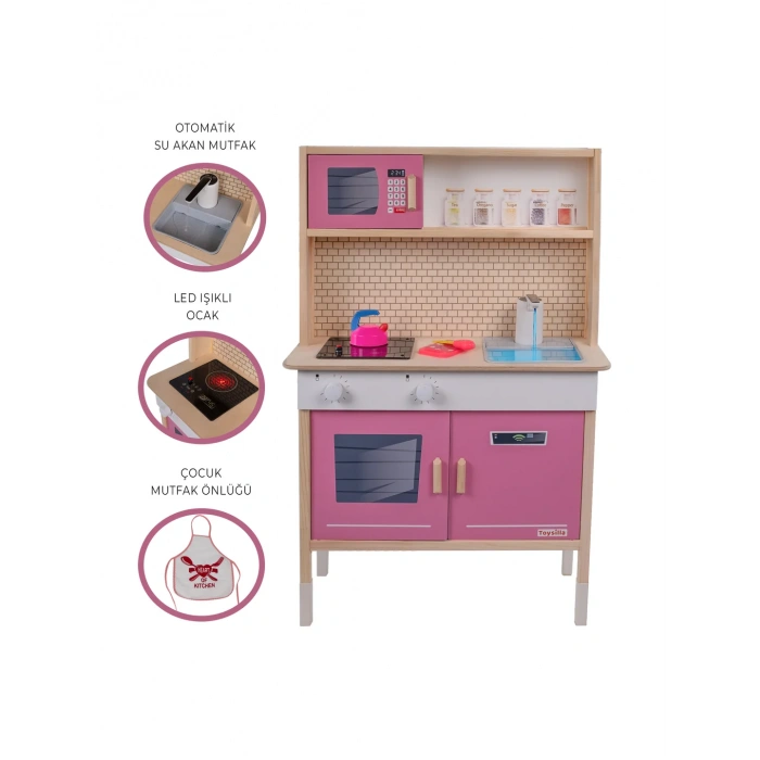 Dolaplı Musluktan Su Akan Işıklı Ahşap Mutfak - Ahşap Çocuk Mutfağı ve Buzdolabı - Ledli Mutfak Seti Buzdolaplı Su Akıtan Mutfak - Pembe