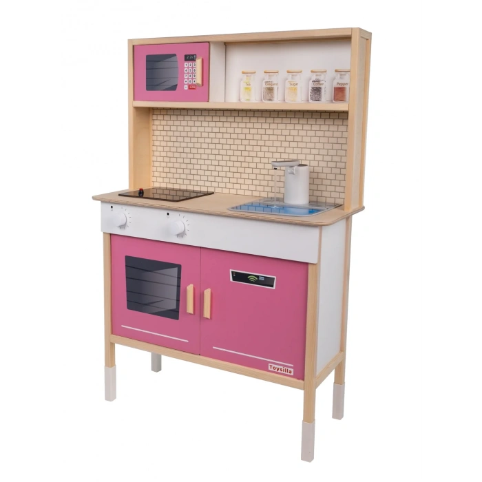 Dolaplı Musluktan Su Akan Işıklı Ahşap Mutfak - Ahşap Çocuk Mutfağı ve Buzdolabı - Ledli Mutfak Seti Buzdolaplı Su Akıtan Mutfak - Pembe