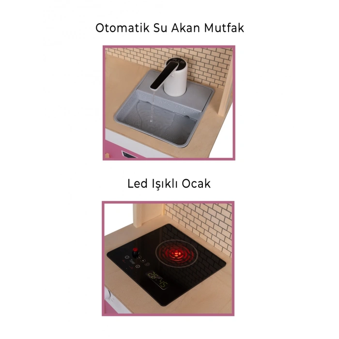 Dolaplı Musluktan Su Akan Işıklı Ahşap Mutfak - Ahşap Çocuk Mutfağı ve Buzdolabı - Ledli Mutfak Seti Buzdolaplı Su Akıtan Mutfak - Pembe