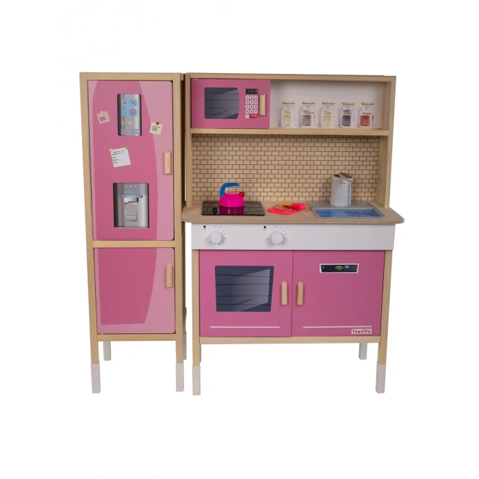 Dolaplı Musluktan Su Akan Işıklı Ahşap Mutfak - Ahşap Çocuk Mutfağı ve Buzdolabı - Ledli Mutfak Seti Buzdolaplı Su Akıtan Mutfak - Pembe