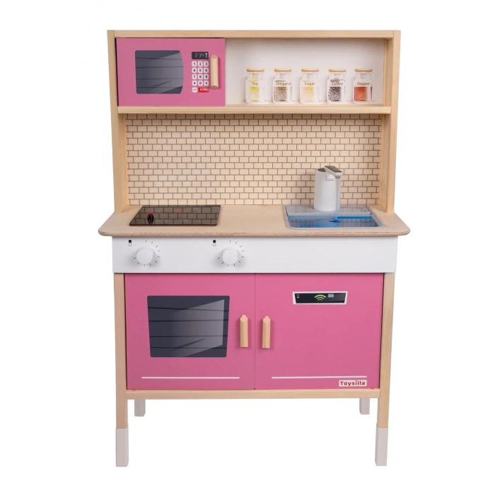 Dolaplı Musluktan Su Akan Işıklı Ahşap Mutfak - Ahşap Çocuk Mutfağı ve Buzdolabı - Ledli Mutfak Seti Buzdolaplı Su Akıtan Mutfak - Pembe