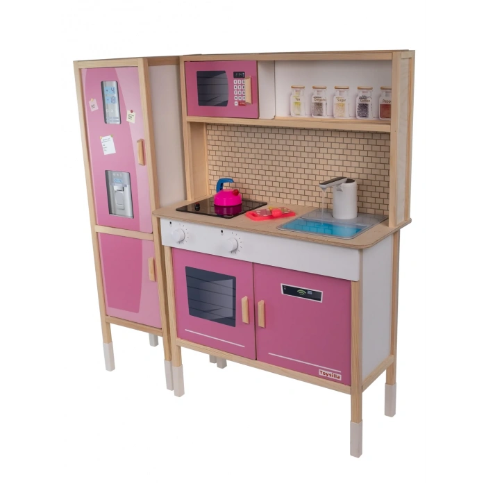 Dolaplı Musluktan Su Akan Işıklı Ahşap Mutfak - Ahşap Çocuk Mutfağı ve Buzdolabı - Ledli Mutfak Seti Buzdolaplı Su Akıtan Mutfak - Pembe