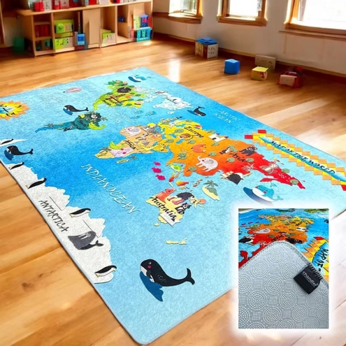 Dünya Haritası Çocuk Halısı 120x180 cm. - Dünya Haritası Anaokulu Halısı - Dünya Haritası Kreş Halısı - Dünya Haritası Oyun Halısı