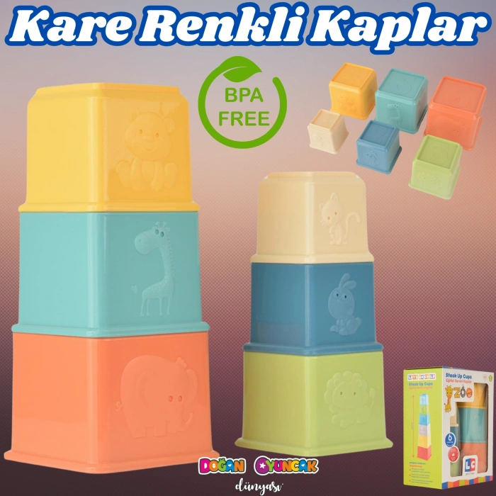 Eğitici Kare Renkli Kaplar - Üst Üste Dizme Oyunu - Kırılmaz Oyuncak - Kırılmaz Bebek Oyuncak - Kutu Dizme Oyunu