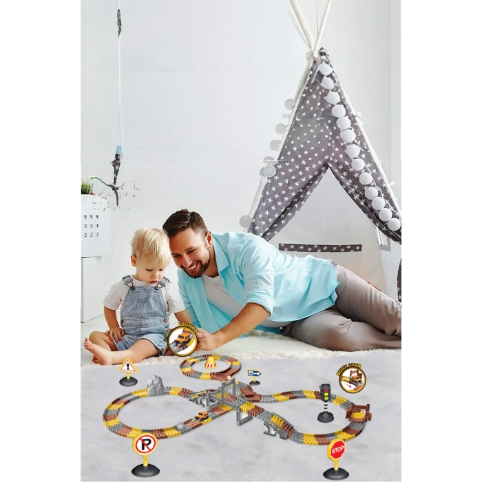 İnşaat Trucks 288 Parça Raylı Pist - Raylı Araç Oyuncak - Tren Oyuncak - Renkli Araç Yolu - İnşaat Seti