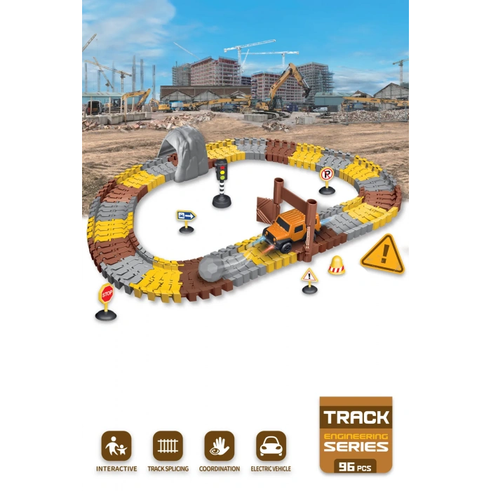 İnşaat Trucks 96 Parça Raylı Pist - Raylı Araç Oyuncak - Tren Oyuncak - Renkli Araç Yolu - İnşaat Seti
