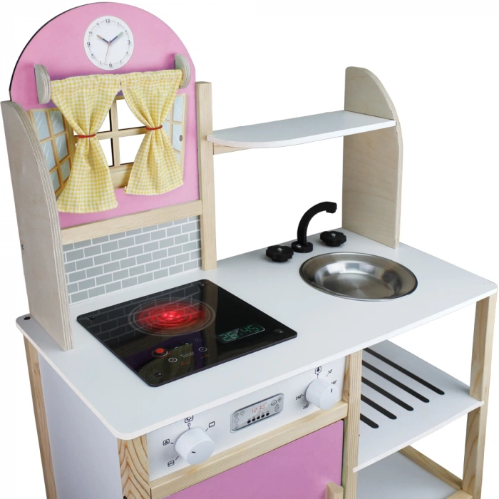 Işıklı Hamarat Ahşap Mutfak - Ahşap Çocuk Mutfağı - Mutfak Seti - Kapaklı Mutfak - Pembe