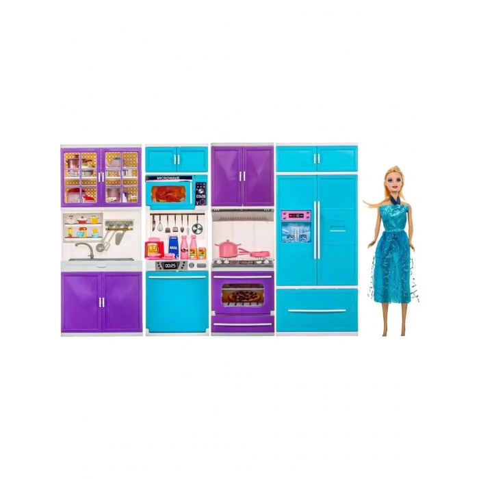 Karlar Ülkesi Bebekli Dörtlü Mutfak Seti - Frozen Modern Mutfak Seti - Işıklı Sesli Mutfak Oyuncak - Fırın, Buzdolabı, Bulaşık, Lavabo