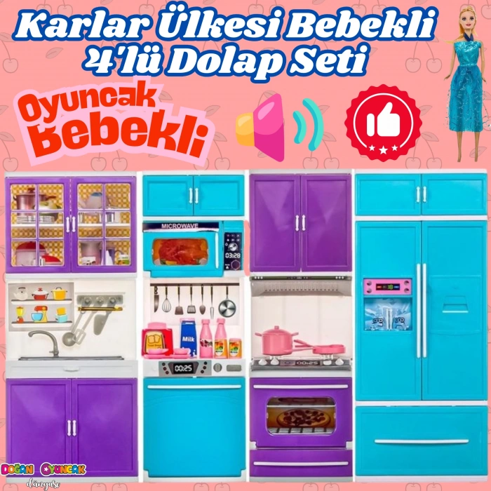 Karlar Ülkesi Bebekli Dörtlü Mutfak Seti - Frozen Modern Mutfak Seti - Işıklı Sesli Mutfak Oyuncak - Fırın, Buzdolabı, Bulaşık, Lavabo