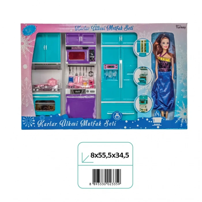 Karlar Ülkesi Bebekli Üçlü Mutfak Seti - Frozen Modern Mutfak Seti - Işıklı Sesli Mutfak Oyuncak - Fırın, Buzdolabı, Bulaşık