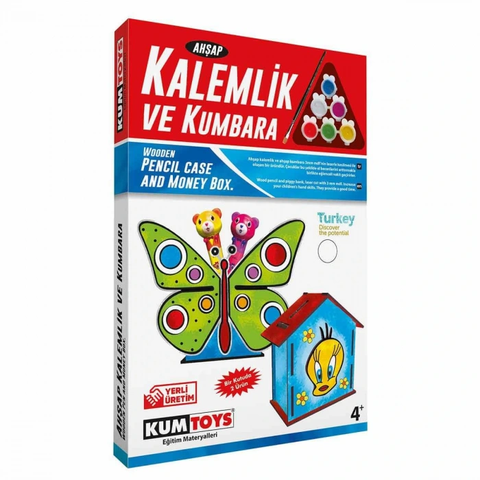 Kumtoys Ahşap Kalemlik ve Kumbara Seti - Sanat Seti - Boyama Setleri - Maket Yapımı