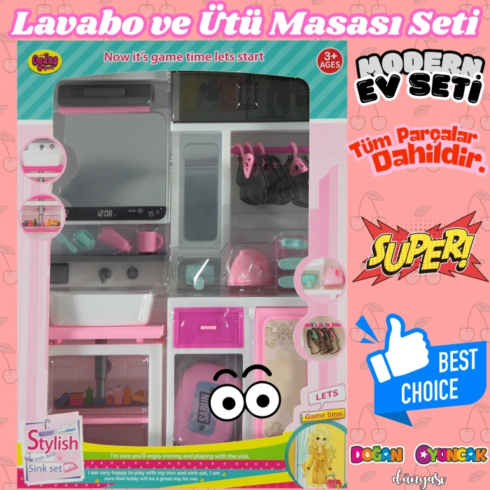 Lavabo ve Ütü Masası Banyo Seti - Modern Banyo Seti - Minyatür Ev Oyuncak Seti - Banyo Oyuncak Seti - Lavabo, Ütü Masası Oyuncak
